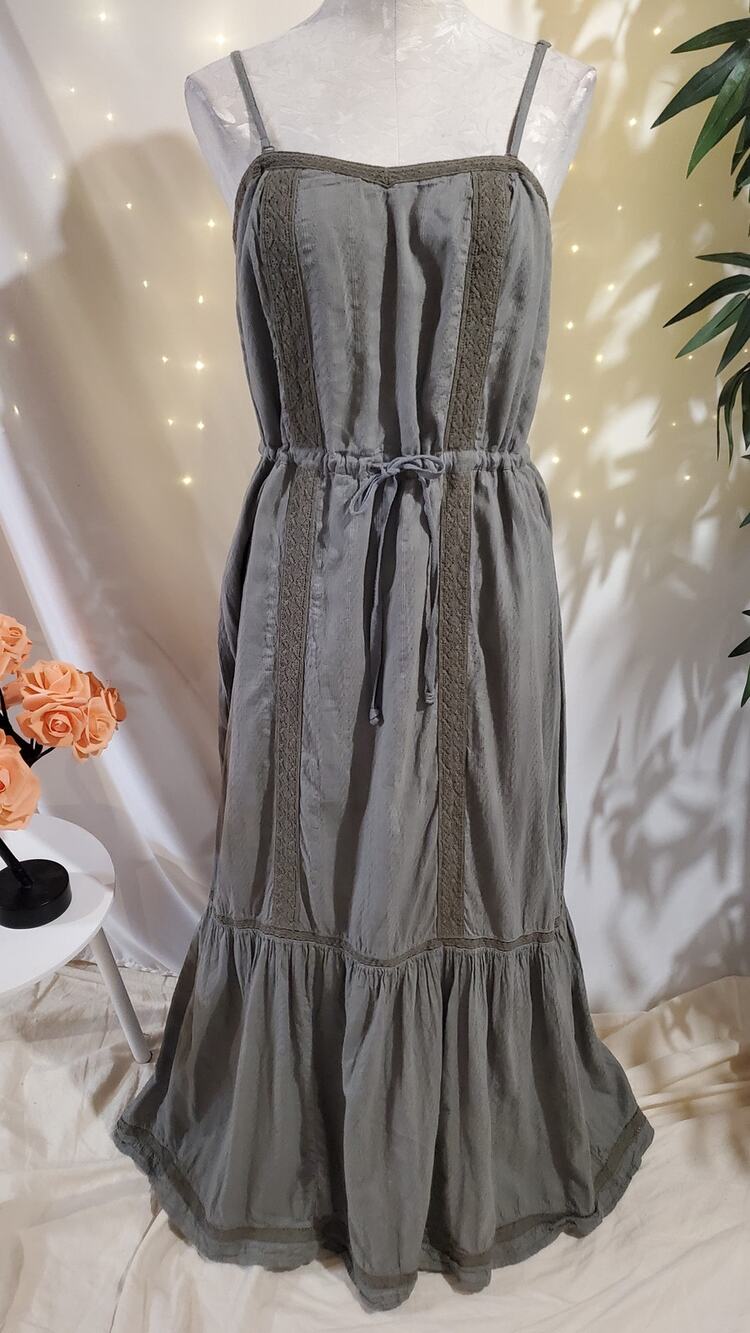 DKNY Jeans Convertible Crochet Lace Tie Waist Tiered Prairie Maxi Dress M Boho